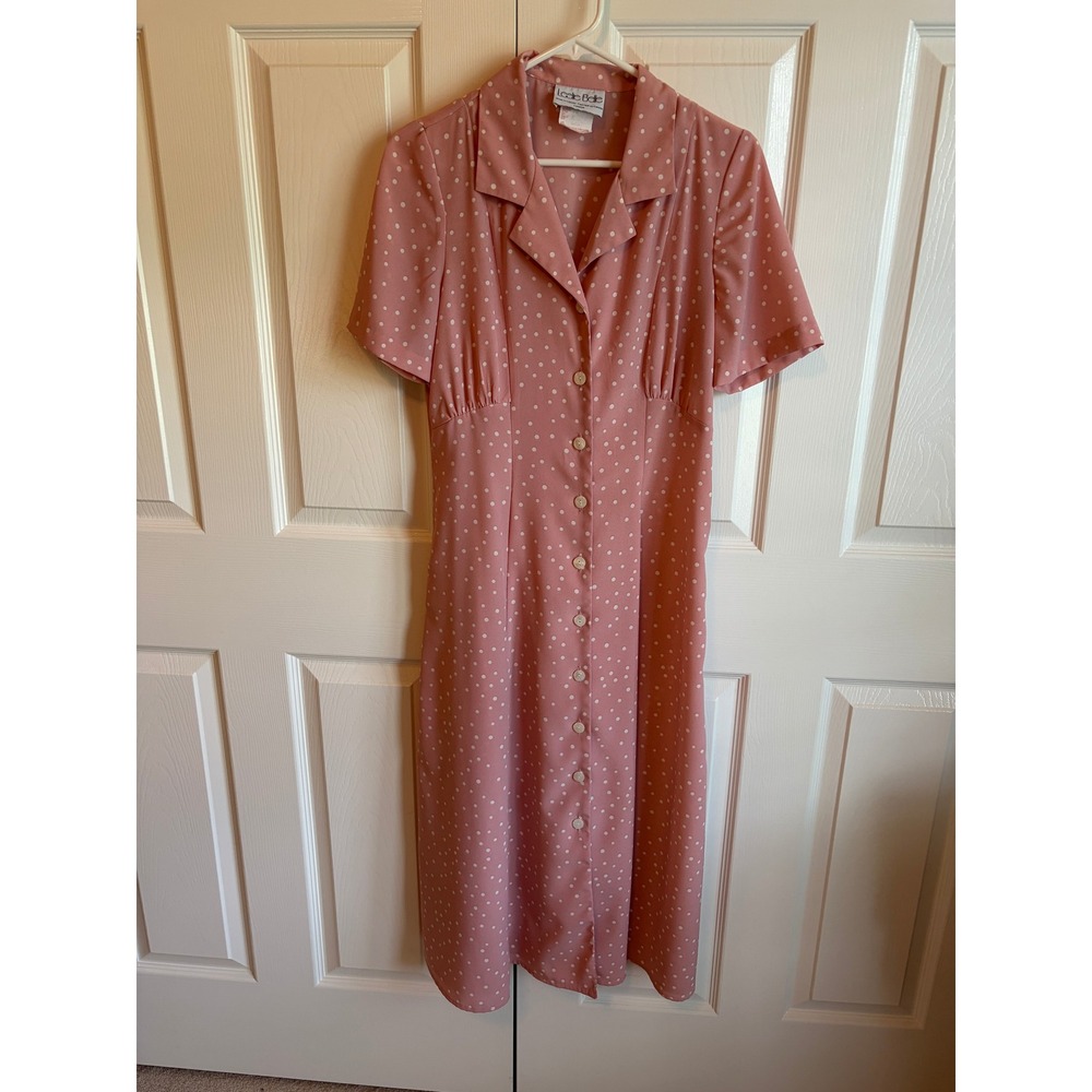 Leslie Belle Vintage Pink Polka Dot Button Front Midi Dress Made in Canada Sz 88